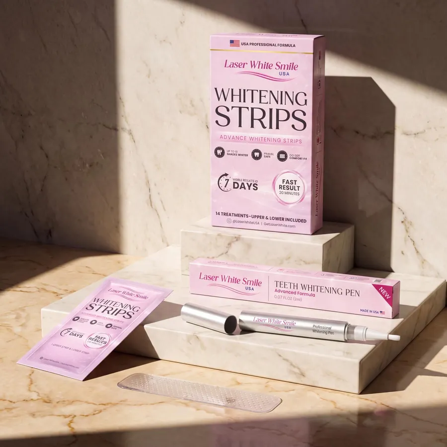 Laser White Smile whitening strips box with the whitening pen