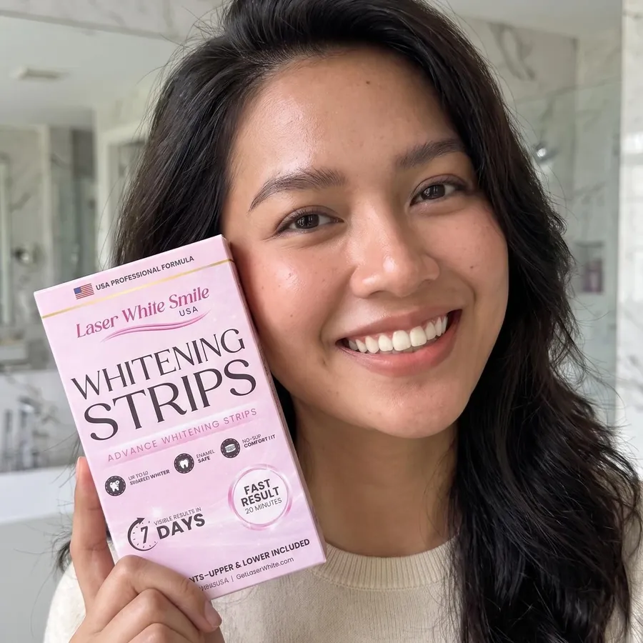 Woman holding the whitening strips box
